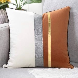 Luxury Home | Faux Leather Stripe Velvet Burnt Orange Color Blocked Pillow Cover